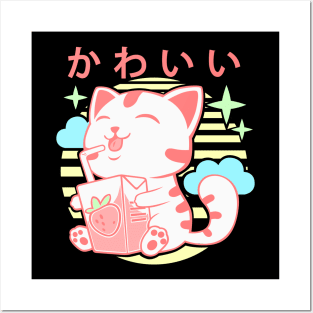 Kawaii Aesthetics Japanese Strawberry Milk Shake かわいい Cat - Pink - Strawberry Milk Posters and Art